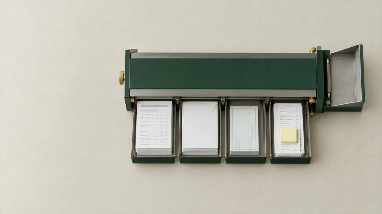 A desk-scale sorting machine in brushed steel and dark green enamel, its output trays holding squared stacks of paperwork.