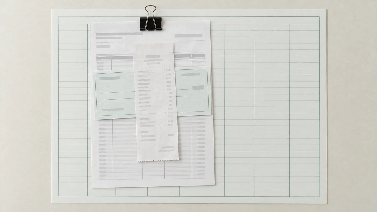 A statement page, a check-sized slip, and a receipt held by one binder clip on a ruled ledger sheet.