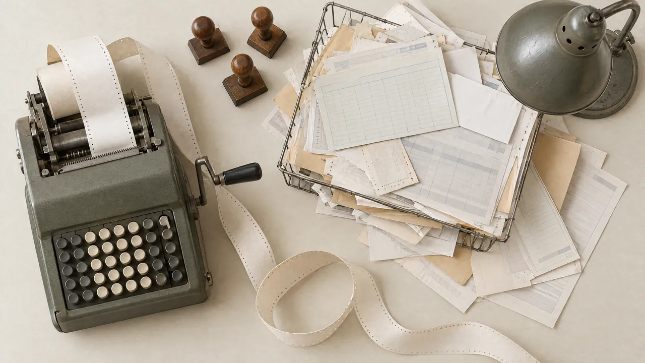 A manual bookkeeping desk with an adding machine, curling paper tape, rubber stamps, a desk lamp, and an overflowing in-tray.